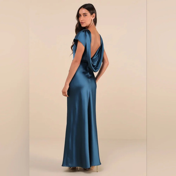 Lulus Captivating Presence Dark Teal Satin Cowl Back Maxi Dress L Wedding Party - Picture 4 of 10